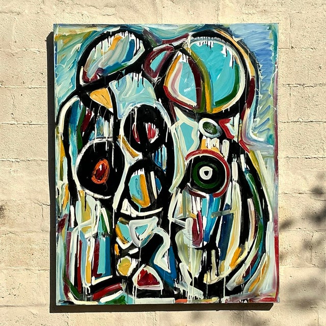 Turquoise Vintage Boho 1988 Monumental Abstract Oil on Canvas For Sale - Image 8 of 12