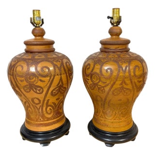 Pair Italian Mid-Century Slip-Decorated Sgraffito Pottery Lamps , C. 1960s For Sale