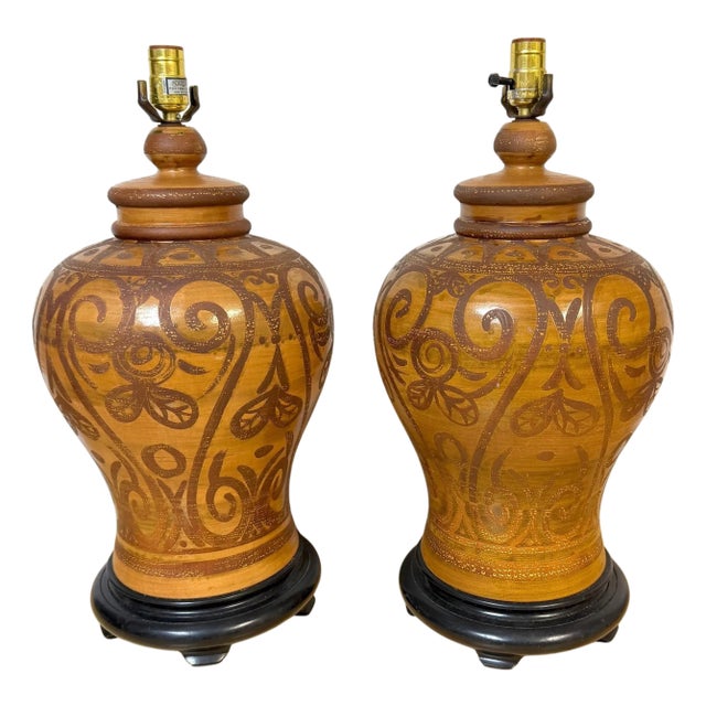 Pair Italian Mid-Century Slip-Decorated Sgraffito Pottery Lamps , C. 1960s For Sale