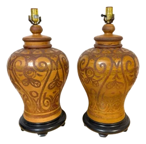 Pair Italian Mid-Century Slip-Decorated Sgraffito Pottery Lamps , C. 1960s