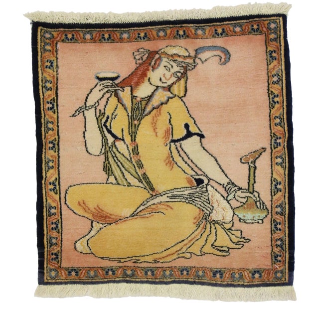 Vintage Persian Khamseh Pictorial Rug, Persian Wall Hanging - 01'08 X 01'08 For Sale