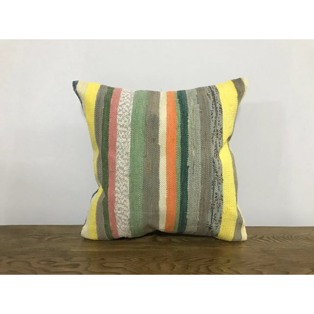Vintage Striped Turkish Handmade Gray and Green Kilim Pillow Cover For Sale In Phoenix - Image 6 of 6