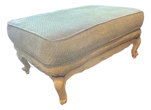 Late 20th Century Large Louis XV Style French Provincial Carved Ottoman, Cream Painted Cabriole Frame, Neutral Woven Basketweave Upholstery