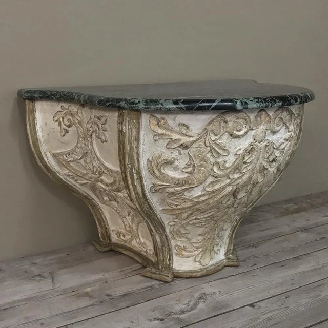 18th Century French Baroque Marble Top Painted Console ~ Pedestal is a study in wood sculpture that would be the envy of...