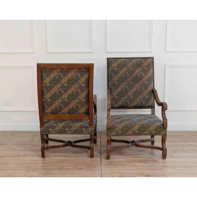 19th Century Pair of French Walnut Armchairs with X-Form Crossbars, Circa 1900 For Sale - Image 5 of 11