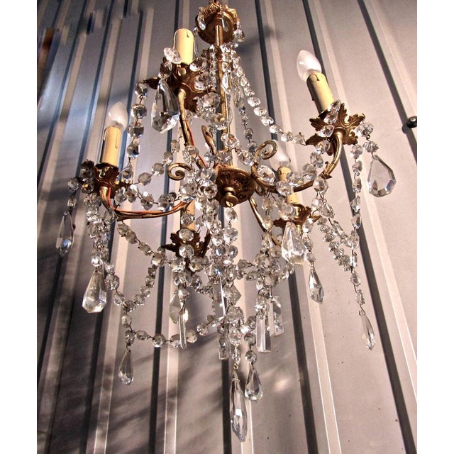 1930s Large French Cut Glass and Brass Five Branch Chandelier, 1930s For Sale - Image 5 of 8