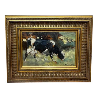 Friesian Cow Grazing Oil Painting by George Smith Rsa (Scottish, 1870–1934), Signed, c.1900s Edwardian Impressionist Animal Art, Framed For Sale