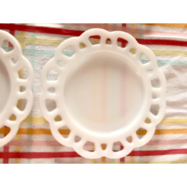 Hazel-Atlas Hazel-Atlas White Milk Glass Open Lace Edge Luncheon Plates, Set of 4 – 8.25” For Sale - Image 4 of 8