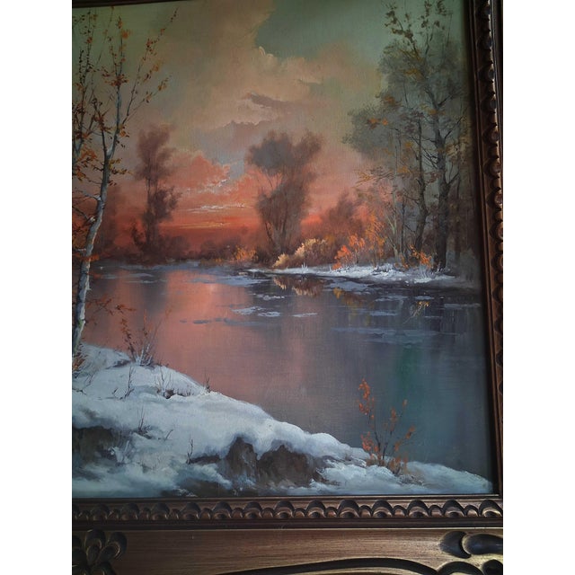 Wood 20th Century Winter River Sunset Landscape Oil Painting With Birches, Signed Cardi For Sale - Image 7 of 11