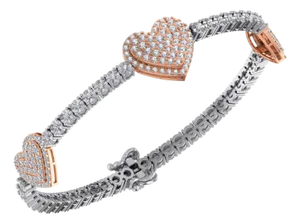 10K Rose White Two Tone Round Diamond Heart Designer 7 Inch Bracelet 1-7/8 Cttw