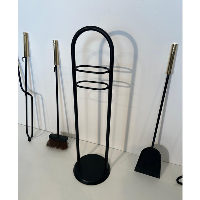 Circa 1970s Fireplace Tools on Stand in Black Lacquered Metal and Brass Design/one For Sale - Image 11 of 12
