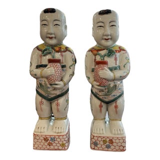 Pair of Late 19th Century Famille Verte Reproduction Porcelain Boys Holding Lotus Flowers For Sale