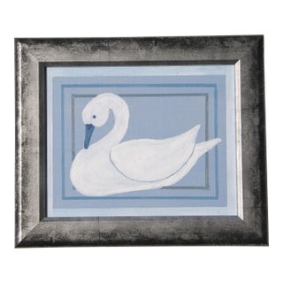 Swan Bird Folk Art Ameicana Minimalism Blue Gray Borders White Original Oil Painting by Cleo Plowden For Sale