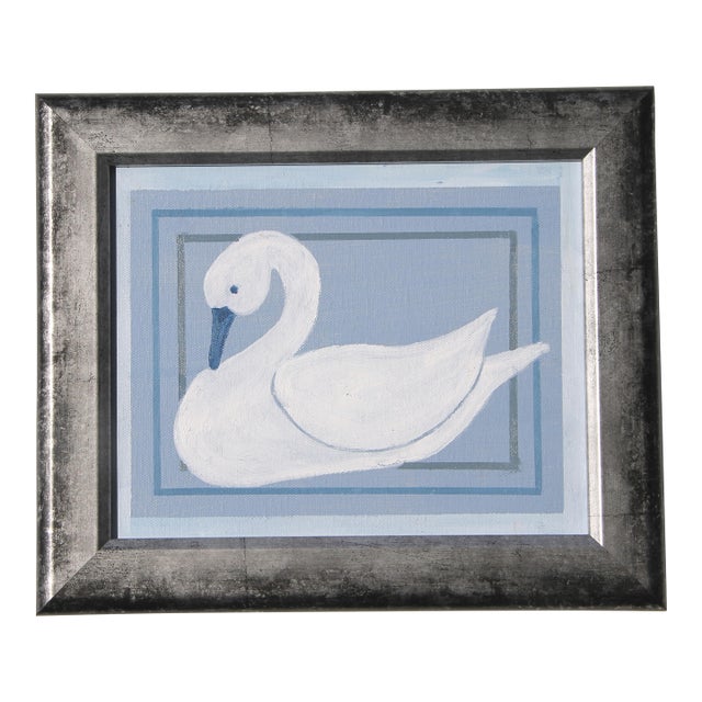 Swan Bird Folk Art Ameicana Minimalism Blue Gray Borders White Original Oil Painting by Cleo Plowden For Sale