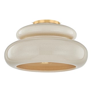 Mitzi Pia 16 in. 1 Light Semi Flush in Aged Brass and Ceramic Butter Crackle Finish For Sale