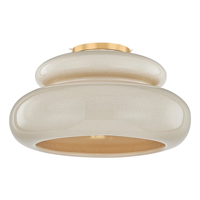 Mitzi Pia 16 in. 1 Light Semi Flush in Aged Brass and Ceramic Butter Crackle Finish For Sale