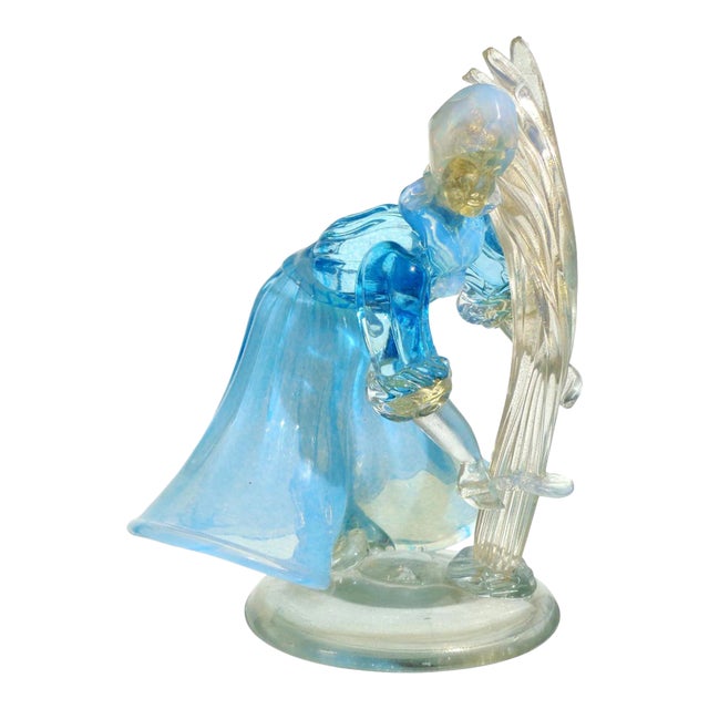 Murano Vintage Opalescent Blue White Gold Flecks Italian Art Glass Mid Century Women Farmer Sculpture For Sale