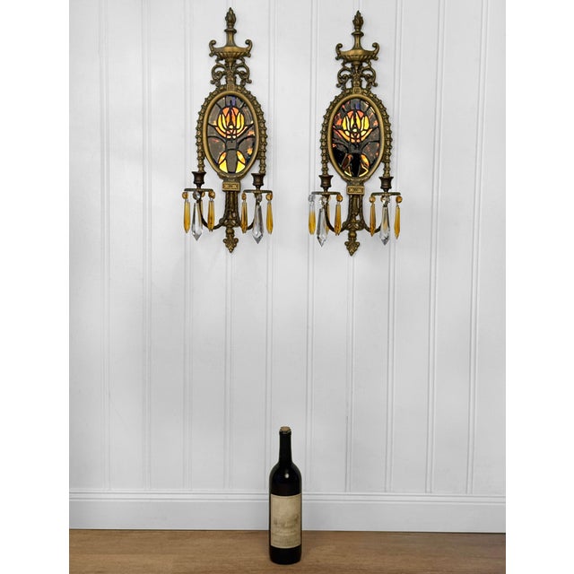 Victorian Antique Empire Brass & Stained Glass Crystal Prism Candle Wall Sconces - A Pair For Sale - Image 3 of 11