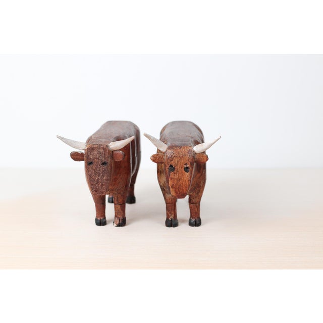 Mid-Century Folk Art Hand-Carved Wooden Bull Sculptures For Sale - Image 4 of 16