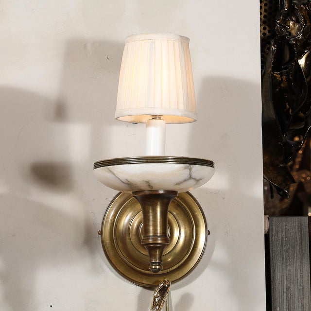 Art Deco Pair of Art Deco Style Alabaster and Antiqued Brass Sconces For Sale - Image 3 of 10