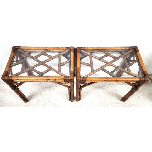 Mid-Century Modern French Bamboo Rattan Glass Side End Tables 1960s - a Pair For Sale - Image 3 of 12