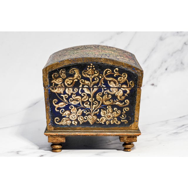 Striking Hand Painted Antique Domed Wood Casket Box With Key Madonna and Child Religious Scene For Sale - Image 14 of 18