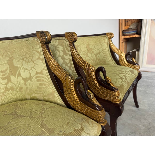 Hollywood Regency Vintage Neoclassical Style Carved Swan Barrel Back Upholstered Lounge Chairs – A Pair/ Sold For Sale - Image 3 of 12