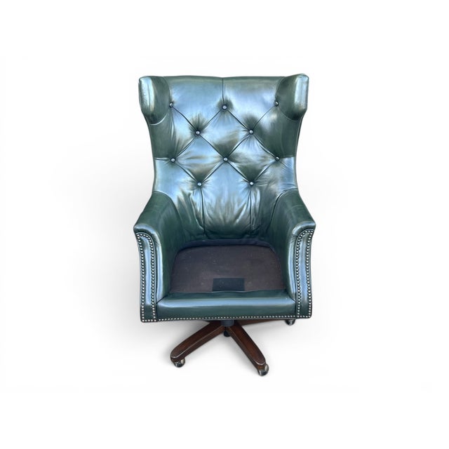1960s English Traditional Distressed Green Leather Wingback Executive Swivel Chair For Sale - Image 10 of 12