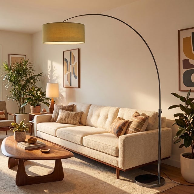 Mid-Century Modern 1960s Nova of California Morelli Float Floor Lamp - 92" Mid Century Modern Arc Lamp, Black Nickel Finish, Avocado Linen Drum Shade, Dimmable For Sale - Image 3 of 5