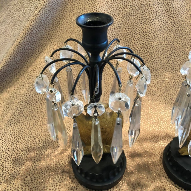 Mid 19th Century French Empire Metal Marble and Gilt Ormolu Eagle Crystal Luster Candle Holders - a Pair For Sale - Image 10 of 12