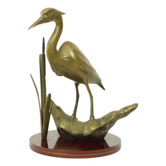 Hollywood Regency Brass Heron Statue on Wooden Base, 1970s For Sale