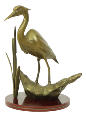 Hollywood Regency Brass Heron Statue on Wooden Base, 1970s
