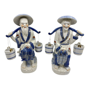 Blue and White Asian Man and Woman Fishing Statues- A Set