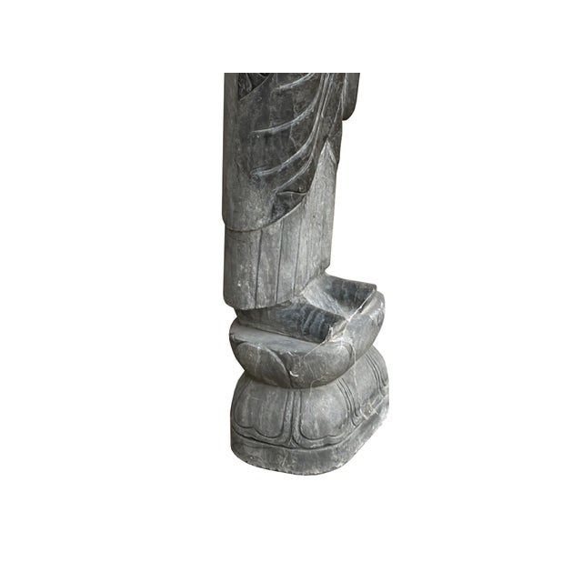 Chinese Weathered Black Gray Patina Stone Standing Monk Luohan Arhat Statue For Sale - Image 13 of 13