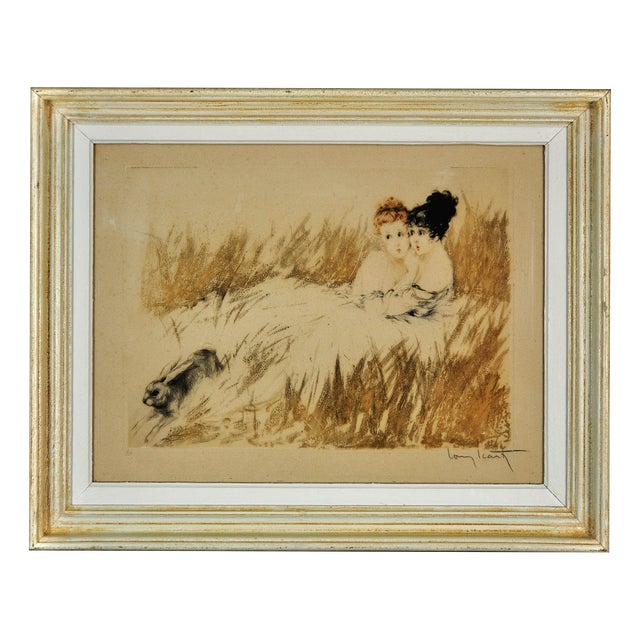 Louis Icart, Scared, Hand Coloured Etching, 1920s, Framed For Sale