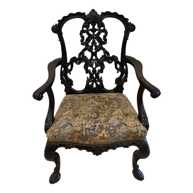 Antique Victorian Carved Mahogany Chippendale Style Ribbon Back Desk Chair, 1860 For Sale