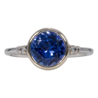 1.7Ct Tanzanite Ring With Earth-Mined Diamond Accents: Solid 14k Gold, Round 8mm, Size 6.75 For Sale
