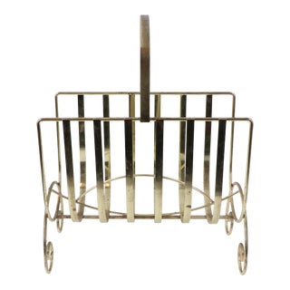 1970s Mid-Century Modern Brass Handled Gold Magazine Newspaper Rack For Sale