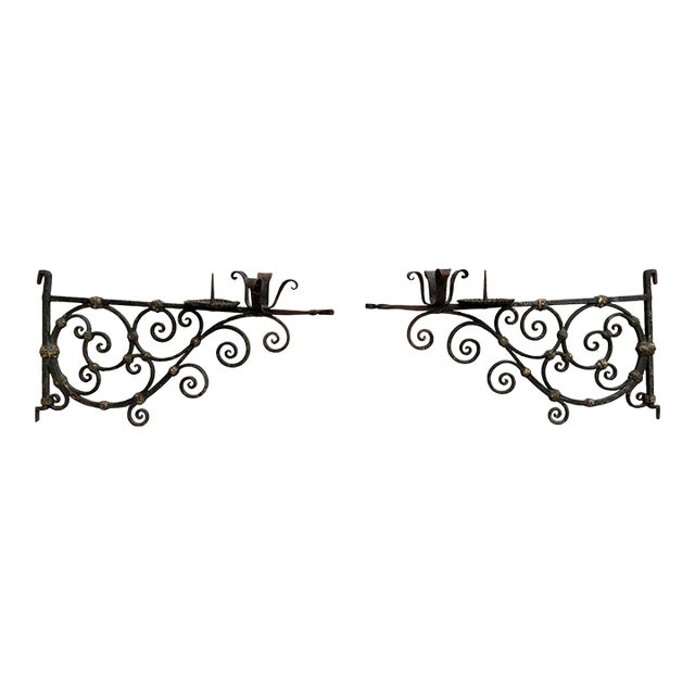 Pair of 18th Century Italian Painted Wrought Iron Wall Mounted Candle Holders For Sale