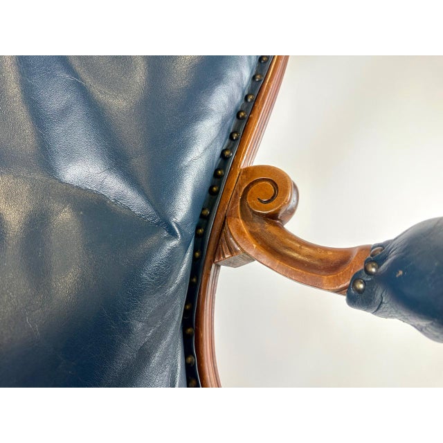 Antique French Armchair in Walnut and Blue Leather, 1890s For Sale - Image 17 of 18