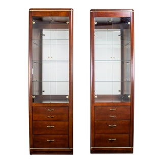 Late 20th Century Modern Pair Lighted Display Cabinets by Bassett Furniture Cherrywood & Brass For Sale