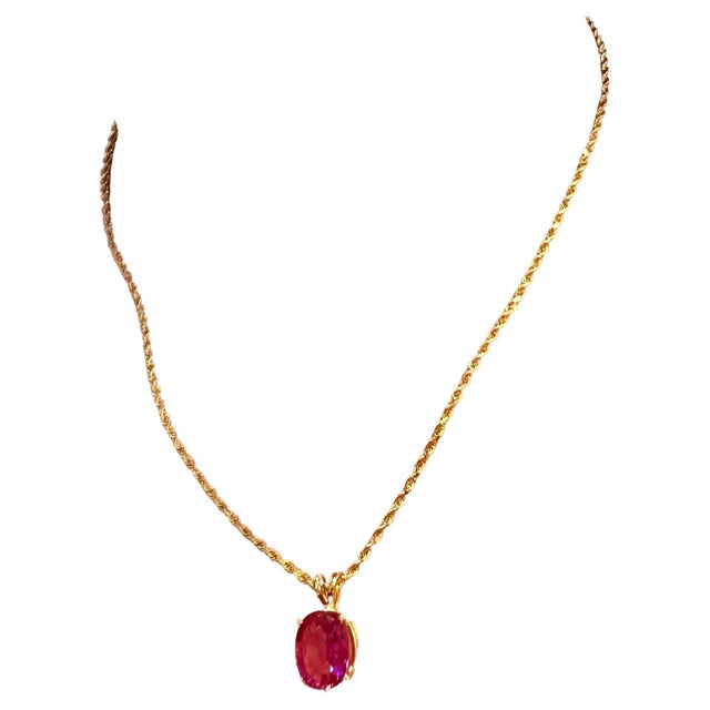 4 Carat Oval Cut Natural Pink Tourmaline 14 Karat Yellow Gold Necklace For Sale - Image 15 of 18