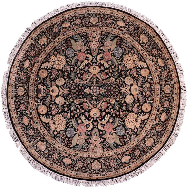 Shabby Chic Floral 1990's Pak-Persian Black/Black Wool Round Rug - 8'1'' X 8'5'' For Sale - Image 9 of 9