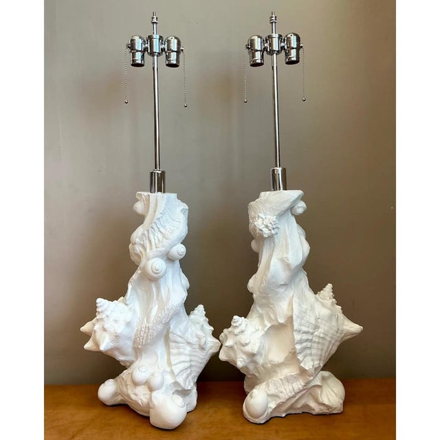 Late 20th Century Vintage White Plaster Shell Table Lamps - Pair For Sale - Image 5 of 12