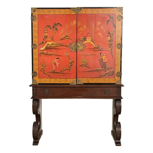 Hollywood Regency Chinoiserie Red Lacquered Hand Painted Bookcase or Bar Cabinet, Circa 1920s For Sale