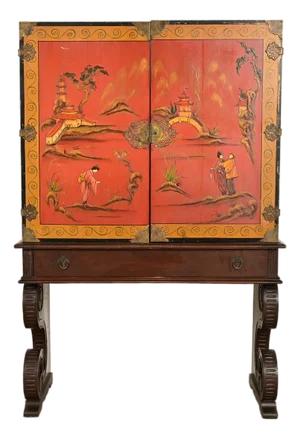 Hollywood Regency Chinoiserie Red Lacquered Hand Painted Bookcase or Bar Cabinet, Circa 1920s