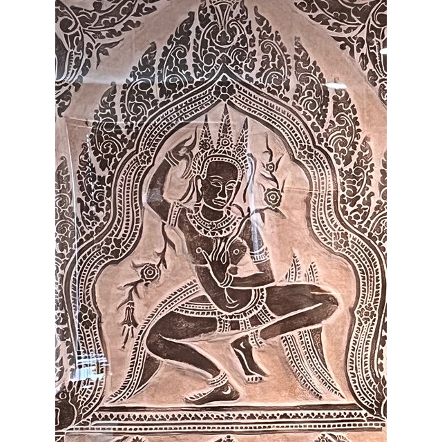 Early 20th Century Vintage Thai Relief Rubbing Apsara Dancer Framed Wall Art 20x25 For Sale - Image 5 of 9