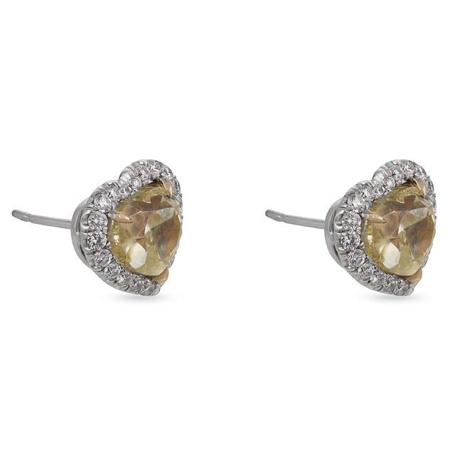 Contemporary Gia 4.00 Carat Fancy Yellow Heart Shape Diamond 18k White Gold Stud Earrings, A Pair For Sale - Image 3 of 8