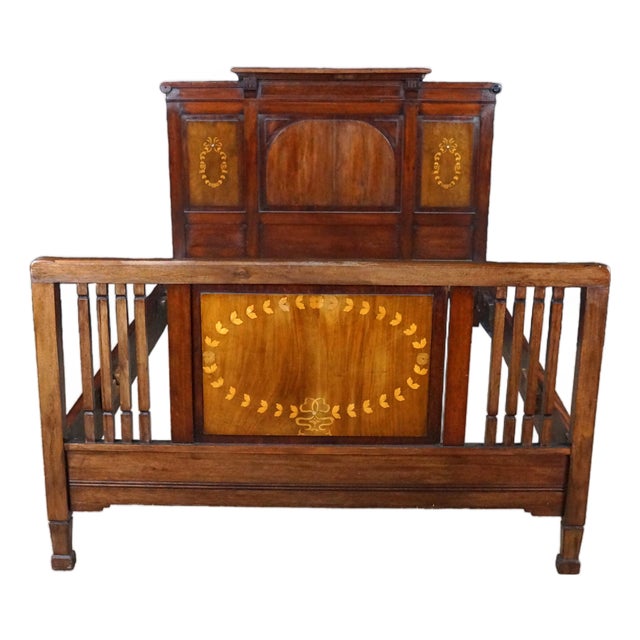 Antique Edwardian Neoclassical Style Mahogany Fruitwood Inlaid Bed Frame For Sale