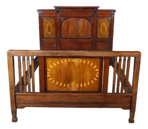 Antique Edwardian Neoclassical Style Mahogany Fruitwood Inlaid Bed Frame